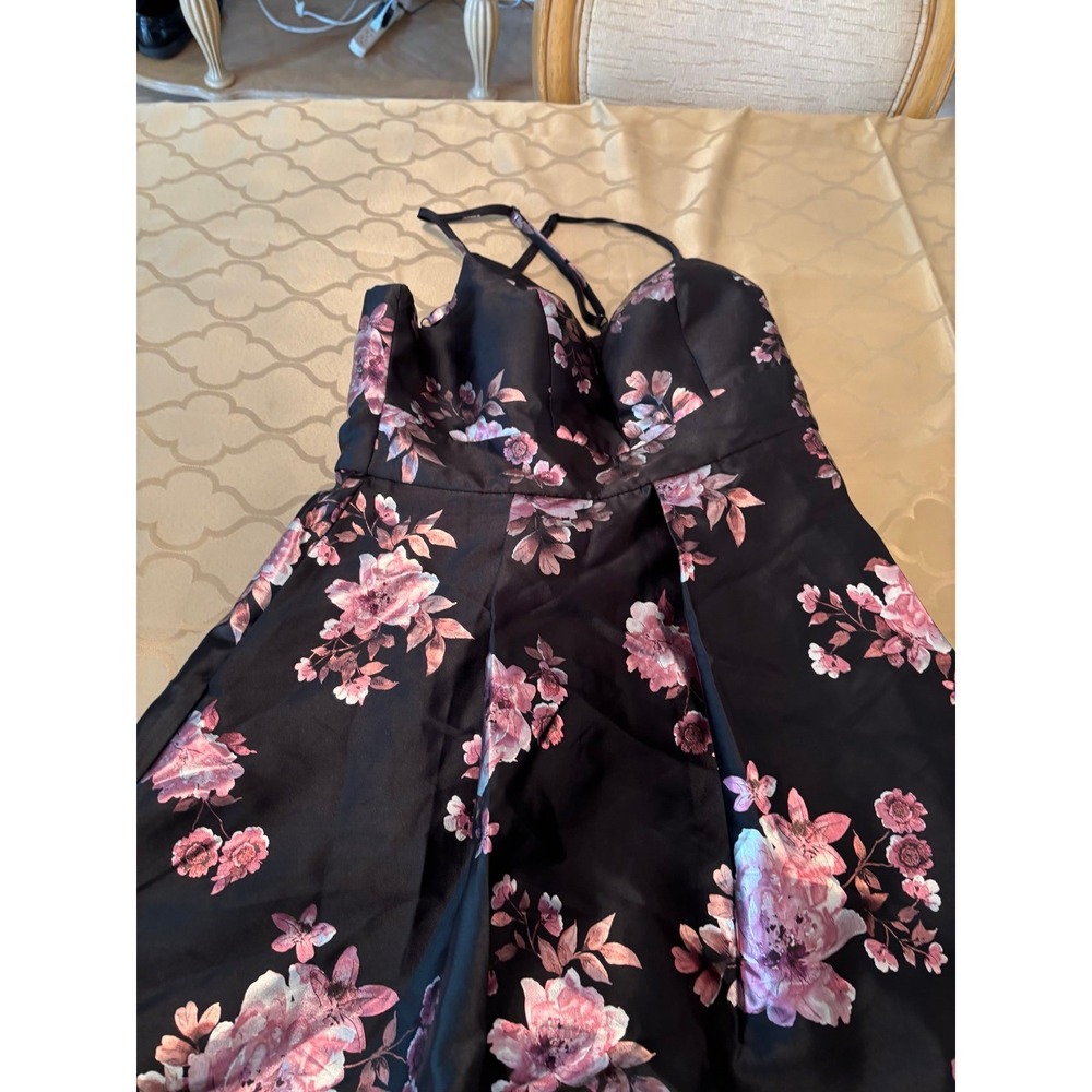 Junior Speechless Black Pink Shimmer Flowers Fit & Flare Strap Prom Dress Sz 13